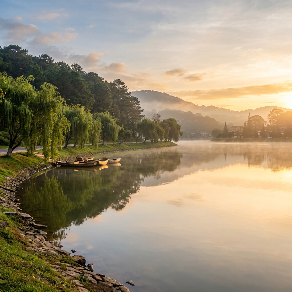 Xuan Huong Lake in the early morning with mist still drifting over the water